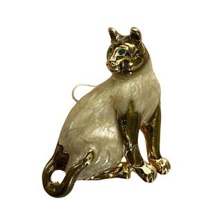 Siamese Cat Swirled Ivory Color Enamel Brooch with Green Crystal Eyes unsigned.